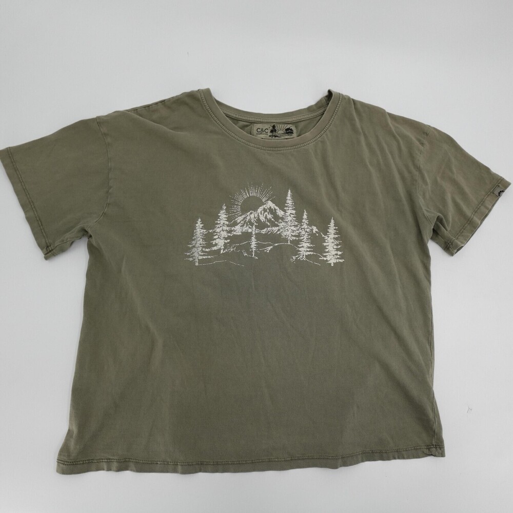 C&C California Shirt Womens XL Green Mountain Forest Graphic Sunwashed Tee